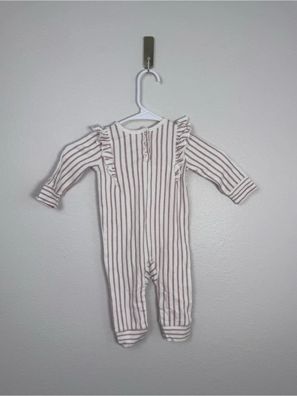 Pehr Ruffle Romper Baby 6-12M Organic Cotton Stripes Away Peony Minimalist
